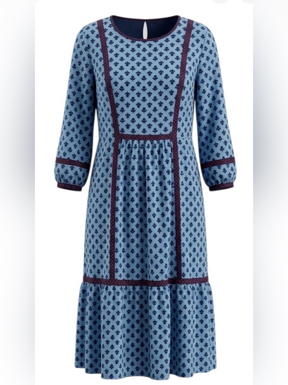 BODEN Luna dress W0224 Blue Floral Red Trim 3/4 Sleeve Size UK 10R / US 6R